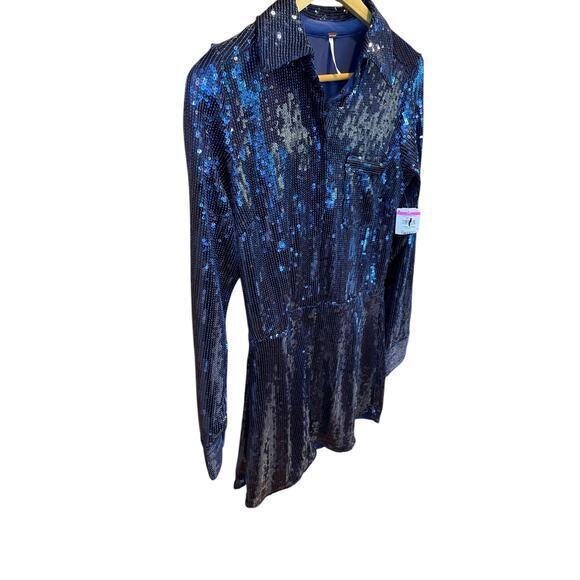 NWT Free People Sophie Sequin Mini Dress Navy Blue Longsleeve Button Up Dress‎ S - Picture 10 of 16